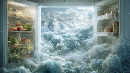 Open fridge full of fresh vegetables and fruits as healthy dieting conceptの素材