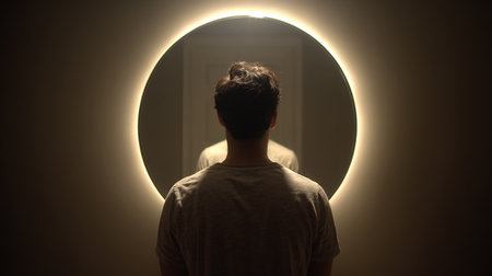 Man looking through the hole in the wall of a room with lightの素材