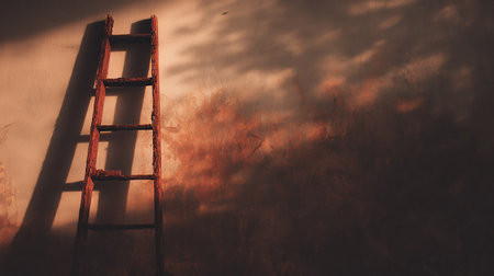 Wooden ladder on the wall. Conceptual image of a ladder.の素材