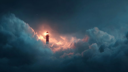Lighthouse in the clouds. 3D rendering. Computer digital drawing.の素材