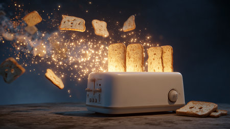 Toaster with toasts flying in the air on a dark backgroundの素材