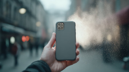 A man is holding a smartphone in his hand on the background of a city street.の素材
