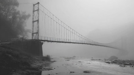 The suspension bridge over the river in the fog, black and whiteの素材