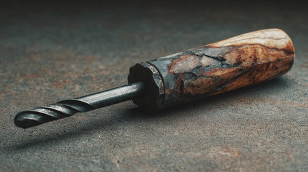 Drill bit with a wooden handle on an old rusty metal backgroundの素材