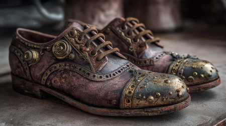 Old and dirty men's shoes on a wooden background. Selective focus.の素材