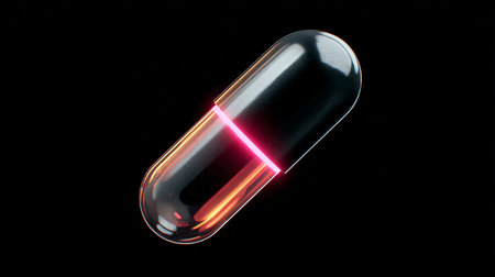 Capsule on black background. 3D rendering. Neon light.の素材