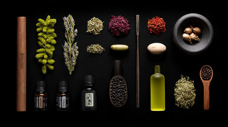 Herbs and spices on black background. Top view. Alternative medicine concept.の素材
