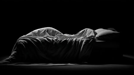 black and white image of a bed in the dark with a sheetの素材