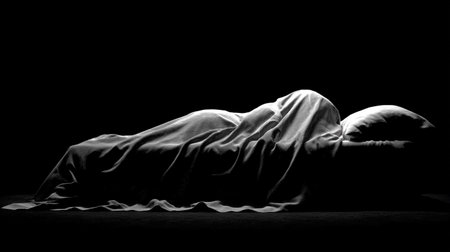 silhouette of a woman covered with a blanket on a black backgroundの素材