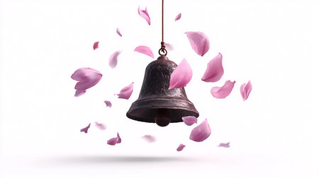 Bell with rose petals flying in the air isolated on white backgroundの素材