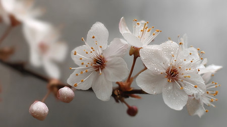 Beautiful blossoming branch of cherry on grey background, closeupの素材