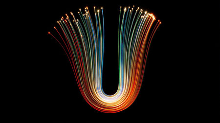 Colorful optical fibers in the shape of letter U on a black backgroundの素材