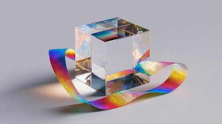 3d illustration of crystal cube with rainbow ribbon on gray background.の素材