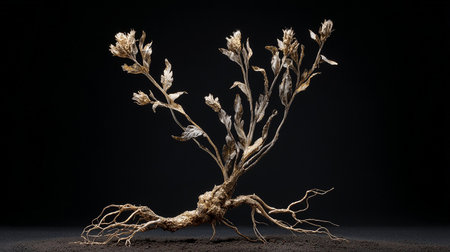 Conceptual image of dead tree with roots isolated on black backgroundの素材