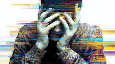 Portrait of a young man in front of a digital glitch.の素材