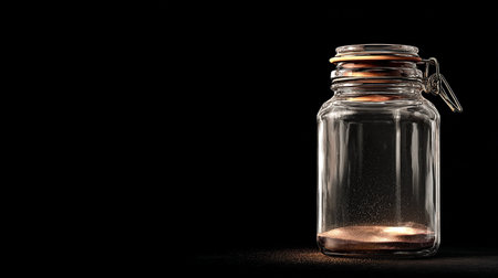 Empty glass jar on black background with copy space for text or designの素材