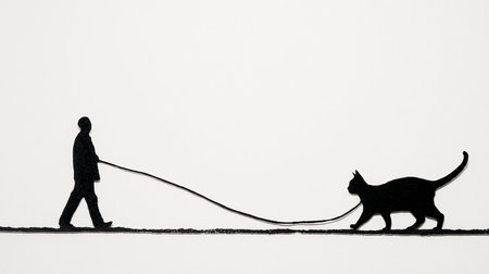 Silhouette of a man pulling a cat on a leash.の素材