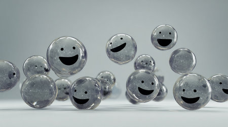 Conceptual image of a group of glass balls with smiley facesの素材