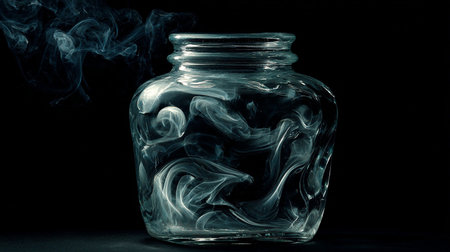 Empty glass jar with smoke isolated on black background. Close up.の素材