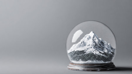 Snow globe with mountains on gray background. 3d rendering. Copy space.の素材