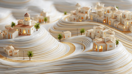 3d illustration of a miniature town in the form of a volcanoの素材