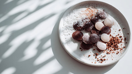 Chocolate truffles with cocoa powder on a white plate.の素材