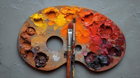 Palette with oil paints and brushes on a gray background, top viewの素材