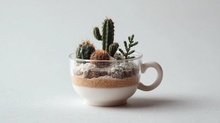 Cactus in a cup of coffee on a white background, isolateの素材