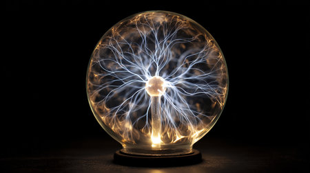 A crystal ball with a bright electric lightning inside on a black backgroundの素材