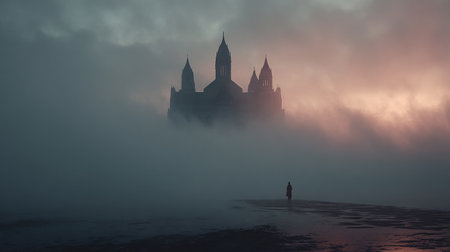 Mysterious castle in the fog. 3d render illustration.の素材