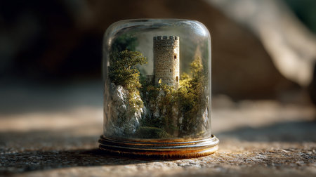 Ancient tower in a glass jar on a background of the woods.の素材