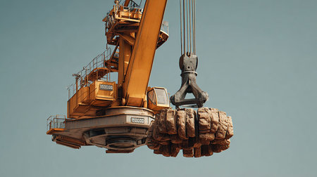 Crane lifting heavy load on blue sky background. Heavy construction machinery.の素材