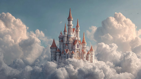 Fantasy landscape with fairytale castle in the clouds. 3D renderingの素材