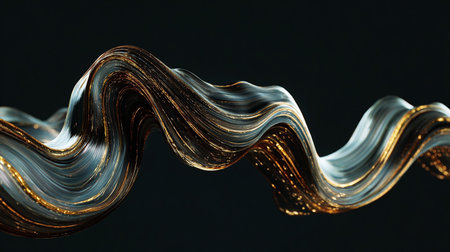 Abstract 3d rendering of golden flowing lines on black background. Futuristic shape design.の素材