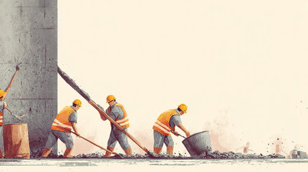 Construction workers working on a building site. Illustration in retro styleの素材