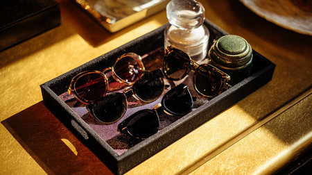 women's sunglasses in a box on the table. close-upの素材