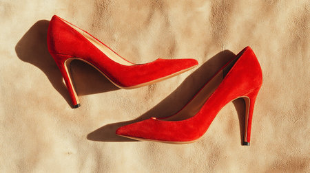 Red high heel women shoes on beige background, top view.の素材