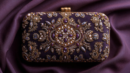 Luxury clutch on purple silk background. Close-up.の素材