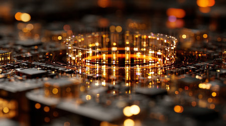 Circuit board with golden lights. 3d rendering, 3d illustration.の素材