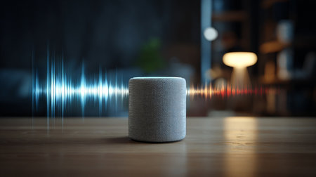 Sound speaker on wooden table in living room. 3d rendering.の素材