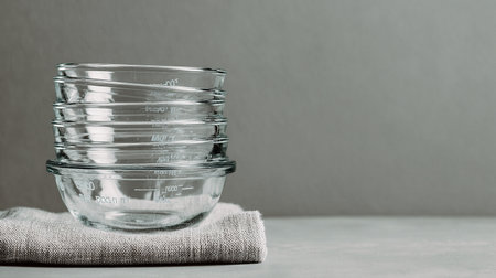 Empty glass jar with linen napkin on grey background, copy spaceの素材