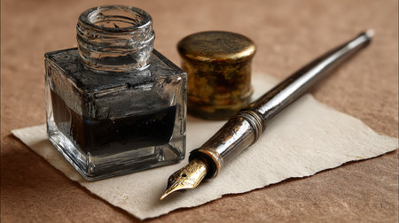 Old ink pen and inkwell on a paper background, closeupの素材