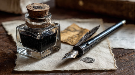 Old ink pen and inkwell on a rustic wooden table.の素材