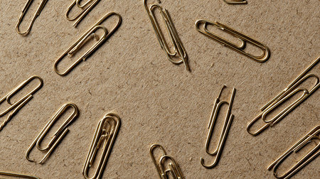 Top view of paper clips on brown paper background with copy space.の素材