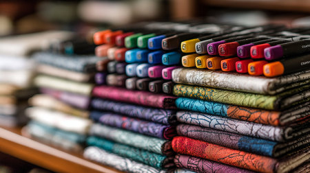 Close up of colorful fabric samples on a shelf in a textile shopの素材