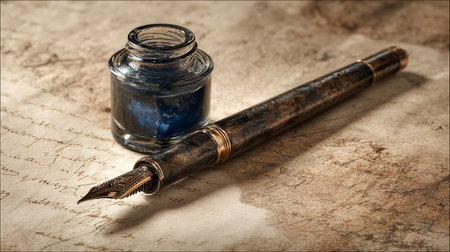 Vintage fountain pen and inkwell on the old paper background.の素材