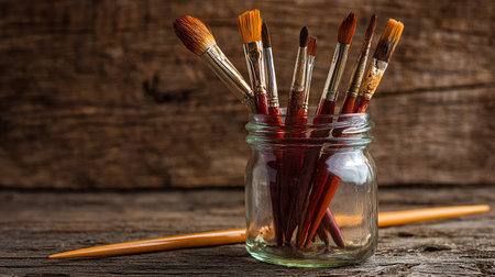 Paintbrushes in a glass jar on a wooden background.の素材