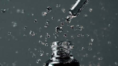 Dropper bottle with water drops on grey background, close-upの素材