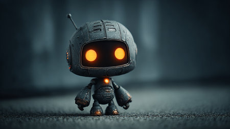 3D rendering of a little robot standing on the road with dark backgroundの素材