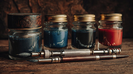 Fountain pen and ink bottles on wooden table. Vintage style.の素材